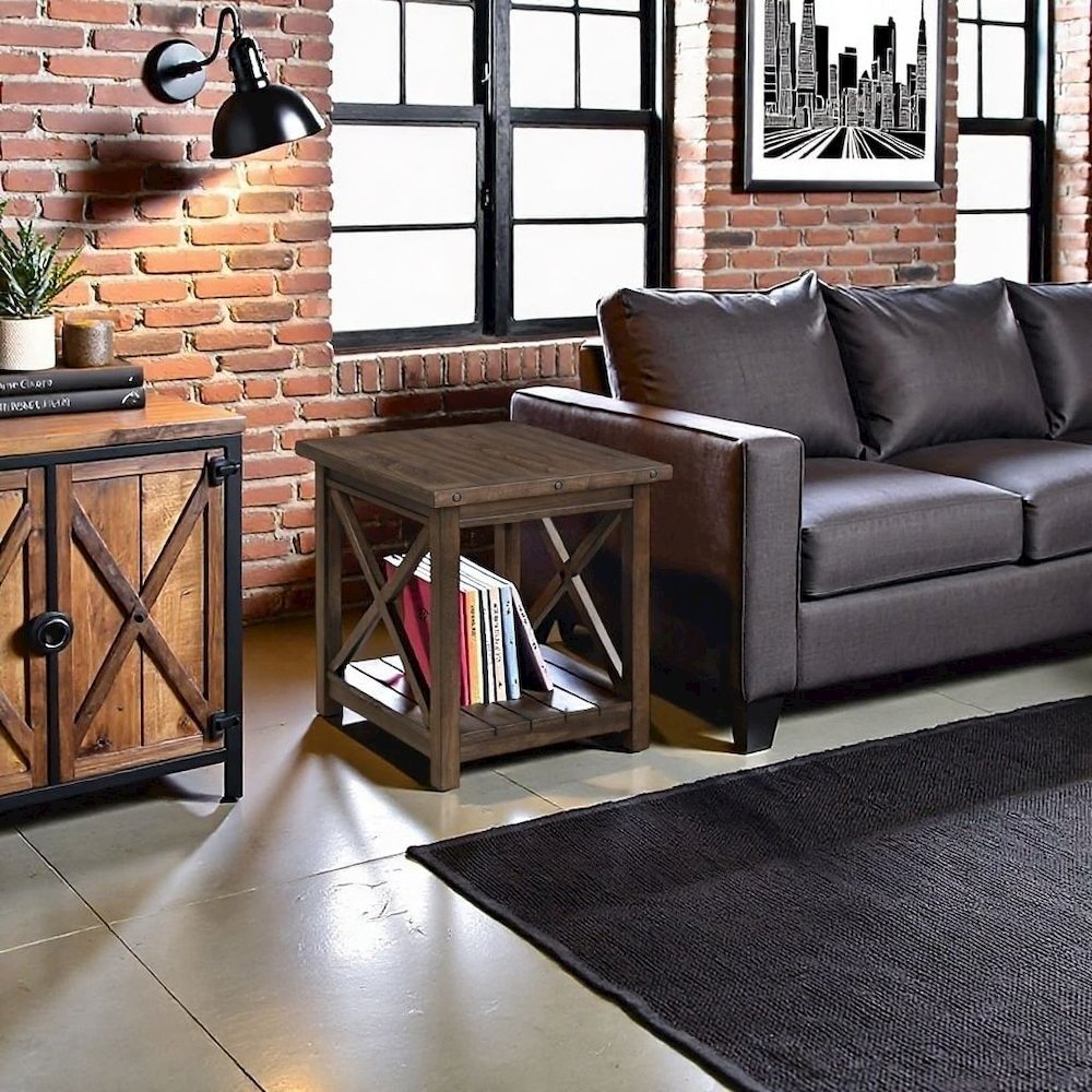 Rustic Farmhouse End Table in Walnut – Solid Wood Square Accent Table