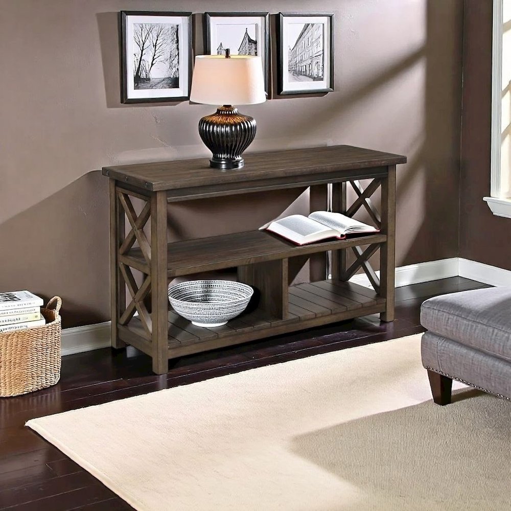 Rustic Brown Console Table with Shelves and Solid Wood X Brace Detail