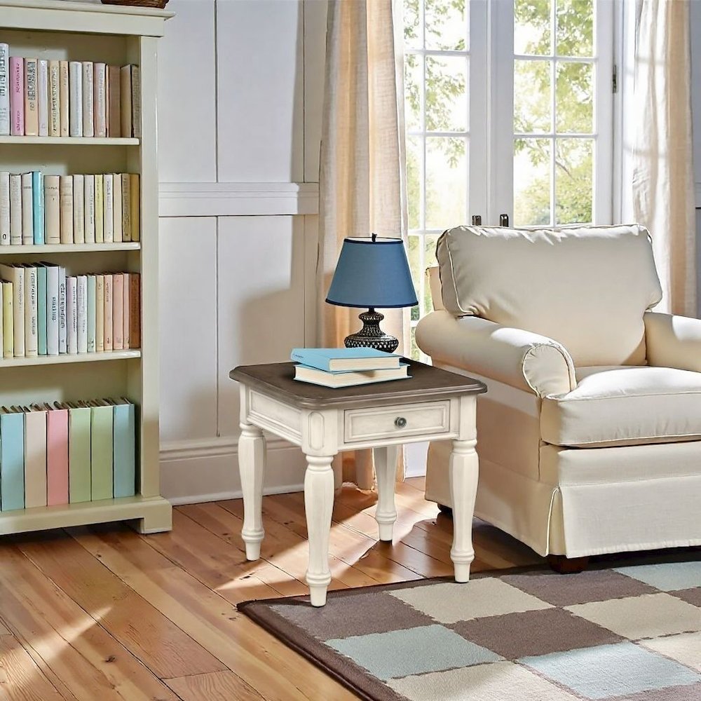 White Wood End Table with 1 Drawer and Dovetail Detail for Bedside Use