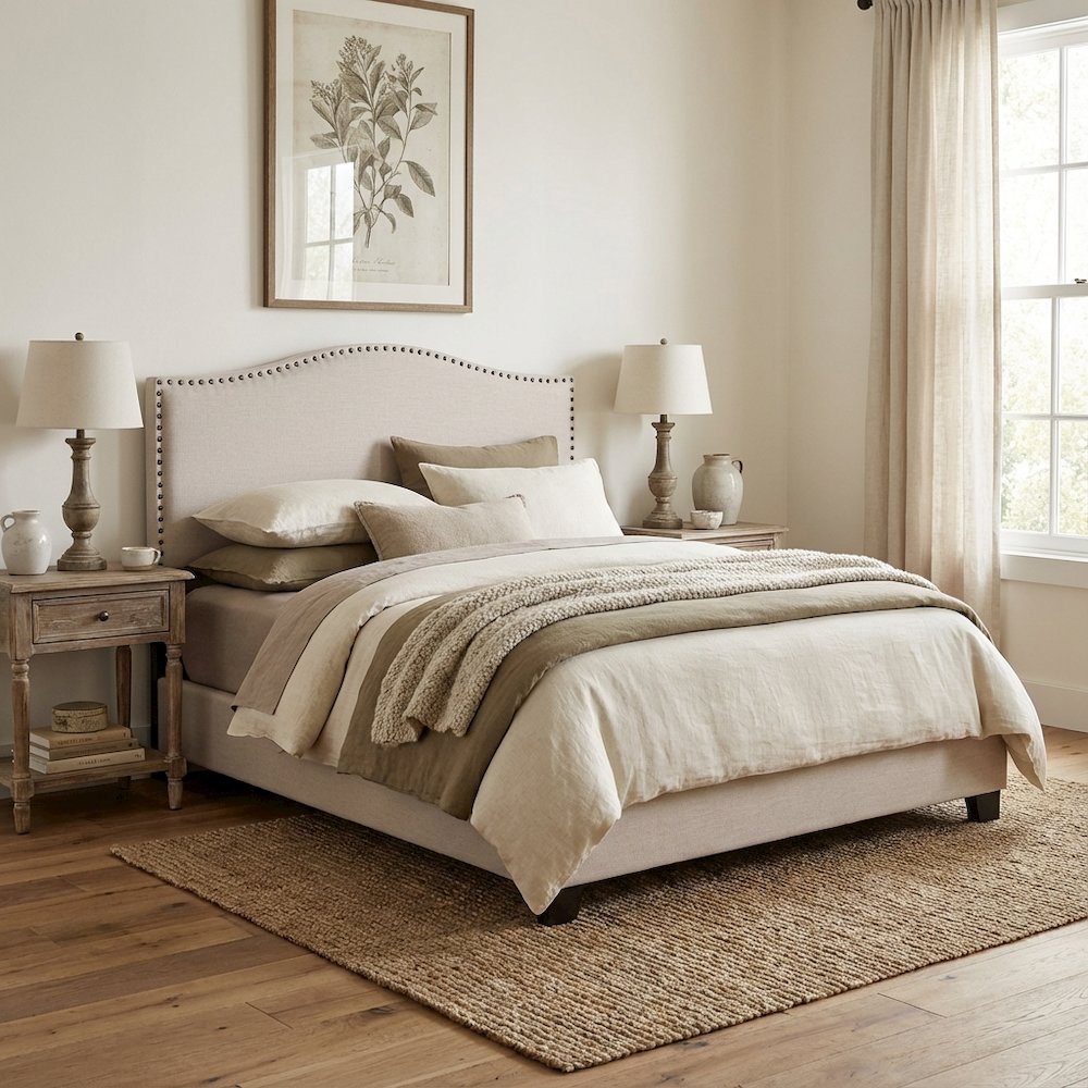 Off White Upholstered Queen Headboard, Solid Rubberwood Frame