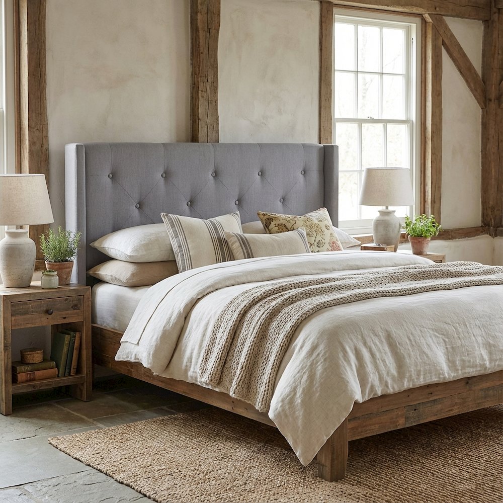 Gray Upholstered Queen Headboard with Solid Rubberwood Frame and Sturdy Design
