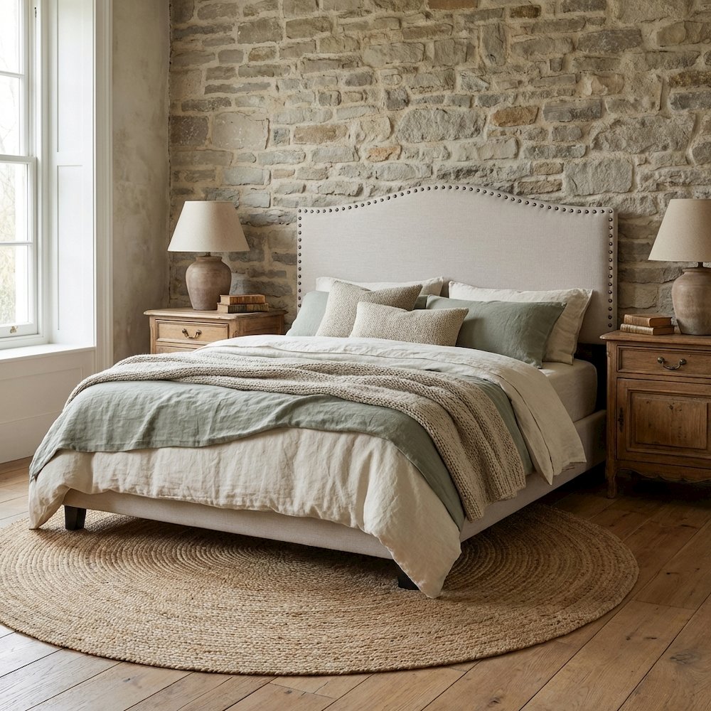 Off White Upholstered King Headboard, Solid Rubberwood Frame