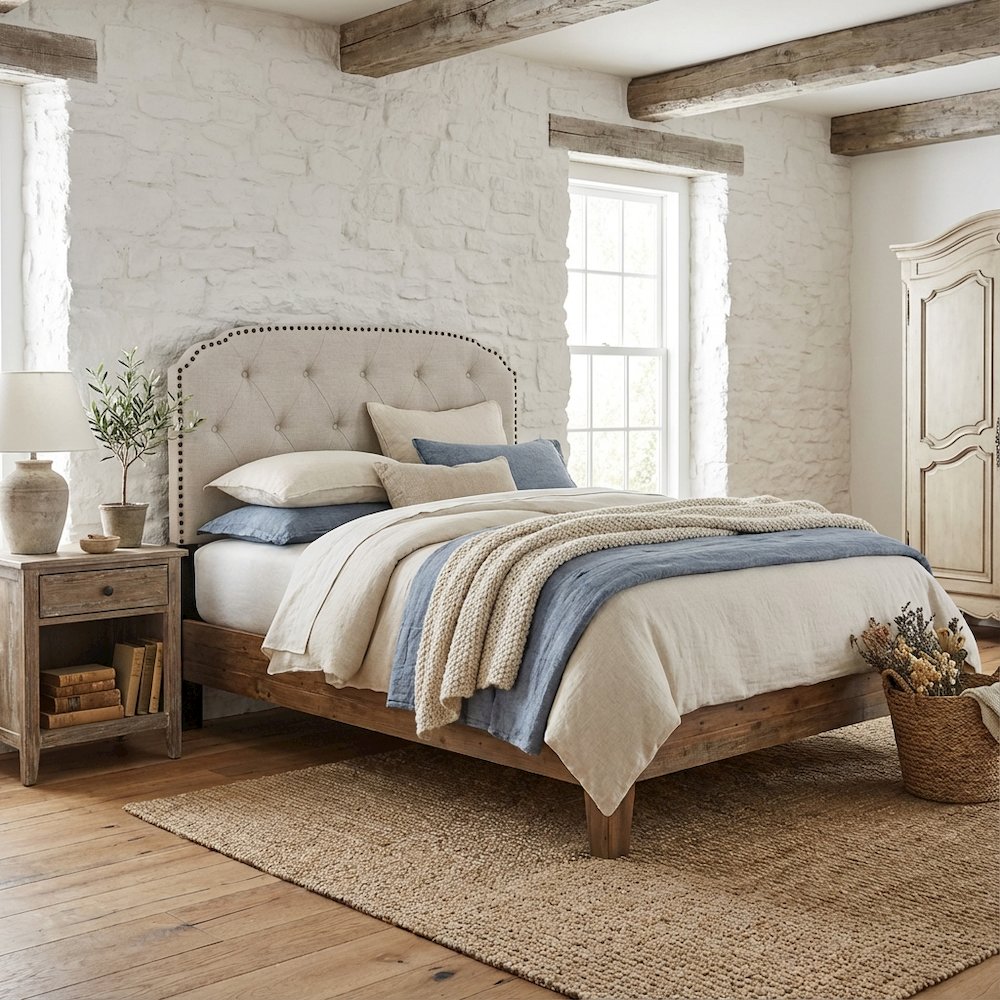 Light Gray Upholstered King Headboard, Solid Rubberwood Frame