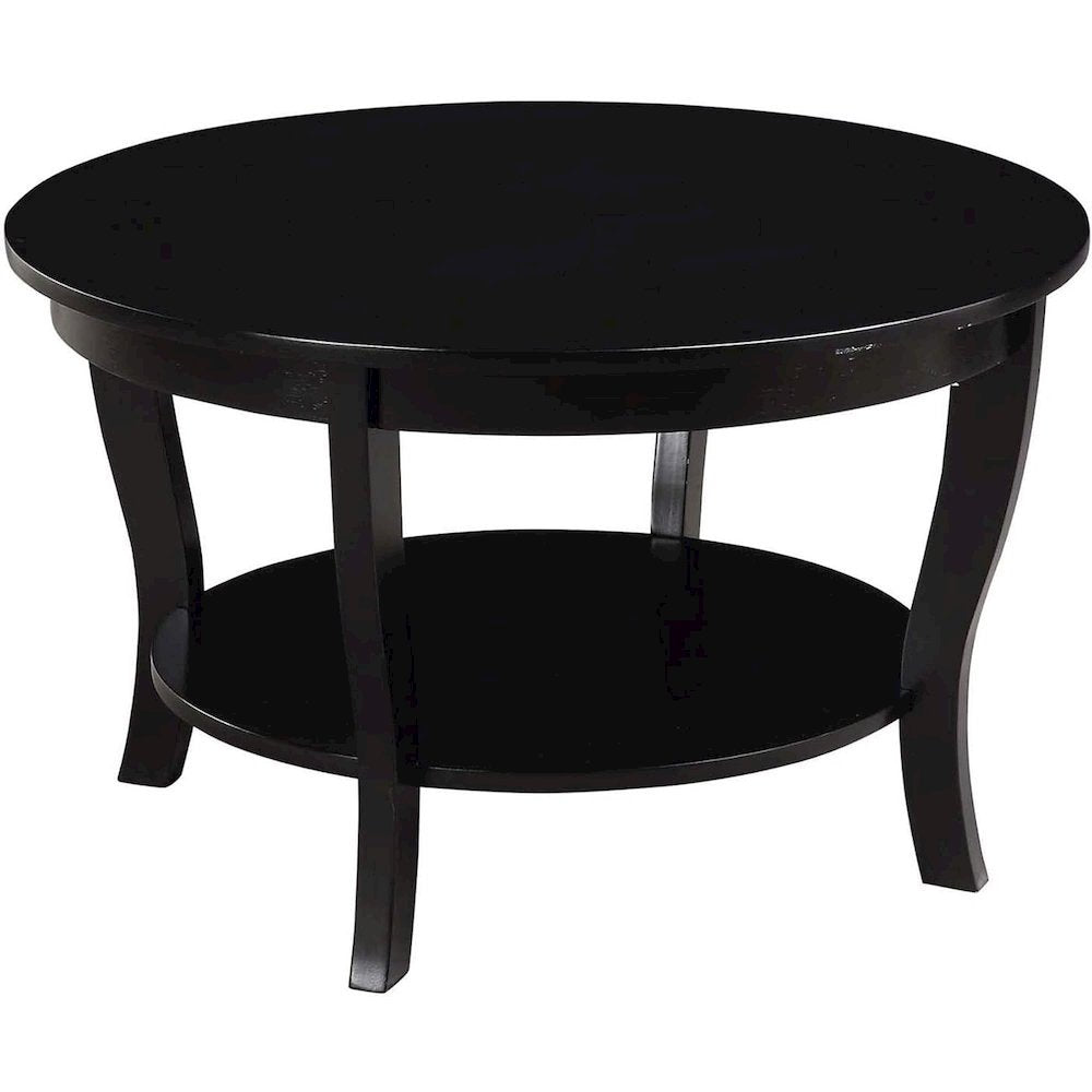 Elegant Black Round Coffee Table with Shelf, MDF Solid Rubberwood Material