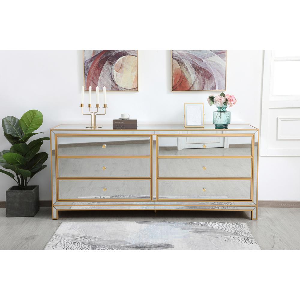 Reflexion 72 in. mirrored six drawer chest in gold