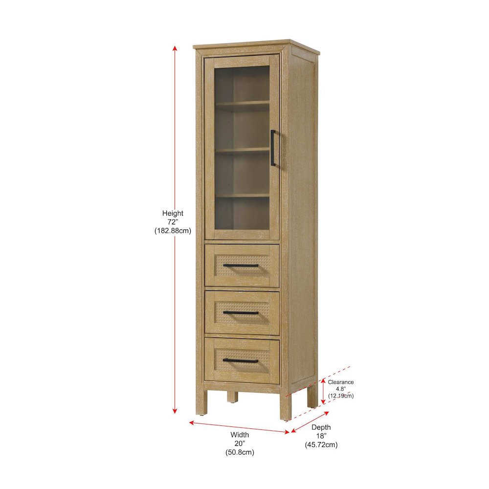 20 Inch Bath Storage Glass Cabinet in Linen Oak