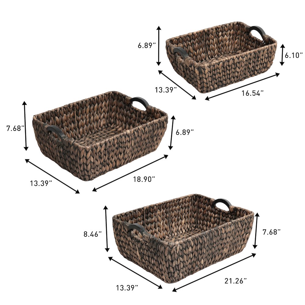 Water Hyacinth Nesting Storage Baskets with Wood Handles, Brown (Set of 3)