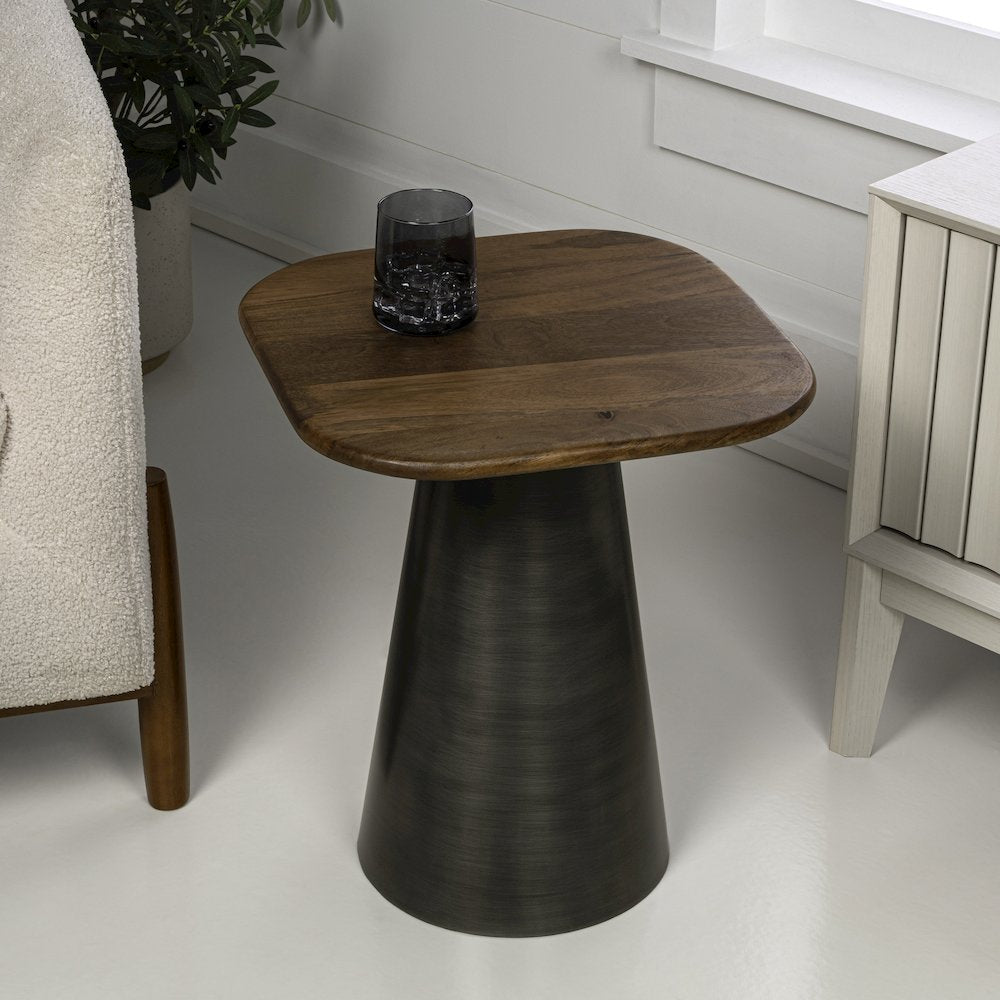 Skye Modern Rustic Square Wood/Metal Accent Table, Honey Wood/Oxidized
