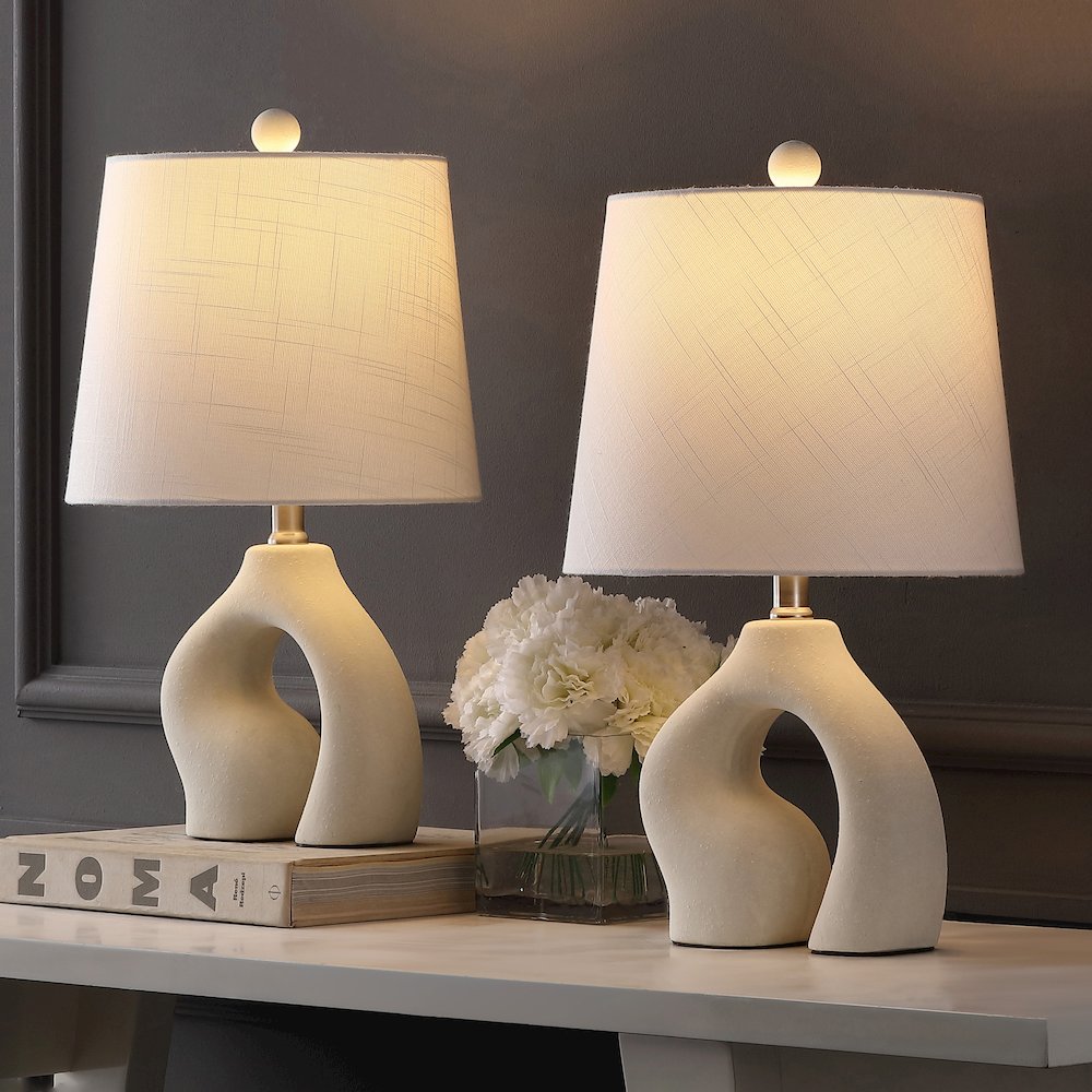 Tula 19" Scandinavian Minimalist Ceramic Arch LED Table Lamp, Cream (Set of 2)