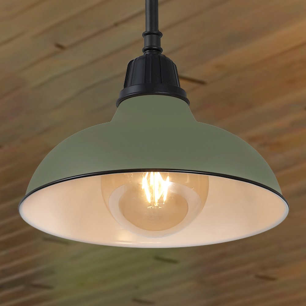 12.25" 1-Light Industrial Indoor/Outdoor Iron LED Pendant, Matte Olive Green