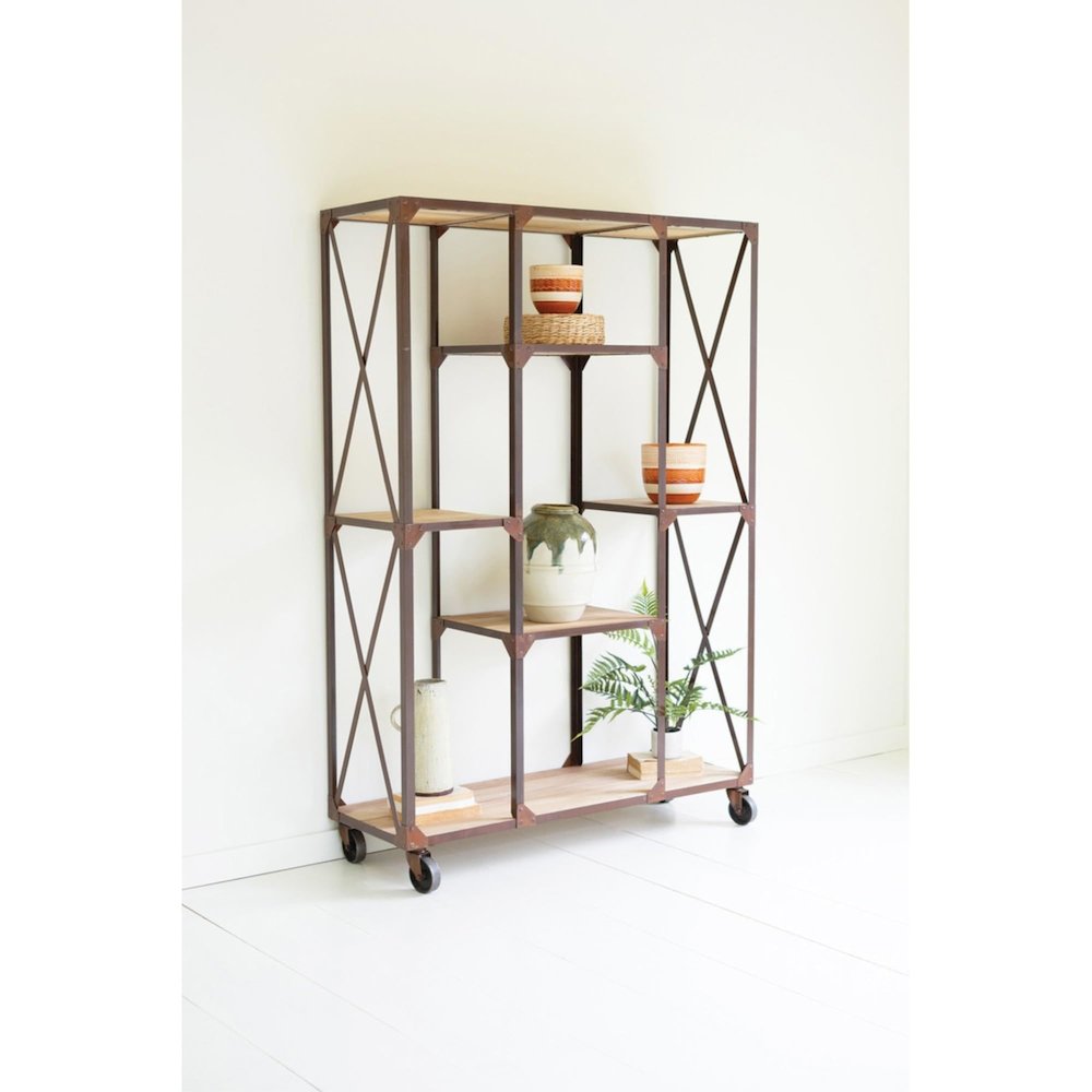 Iron And Wood Display Alternating Shelves And Iron Casters