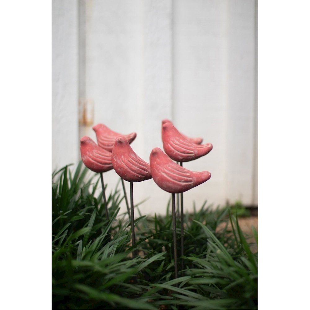 Set Of Six Red Bird Plant Stakes
