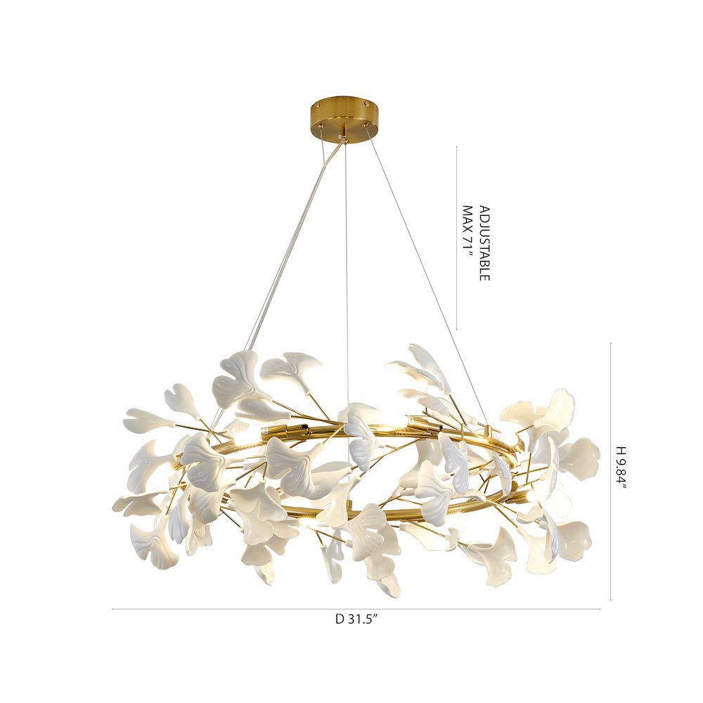 8-Light Brass Chandelier With Matte White Plastic Leaf Petals In A Round Shape
