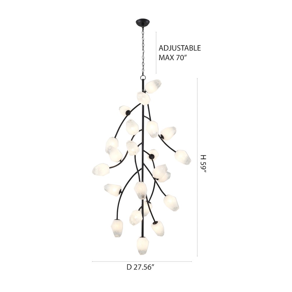 22-Light black iron frame chandelier with white glass shades