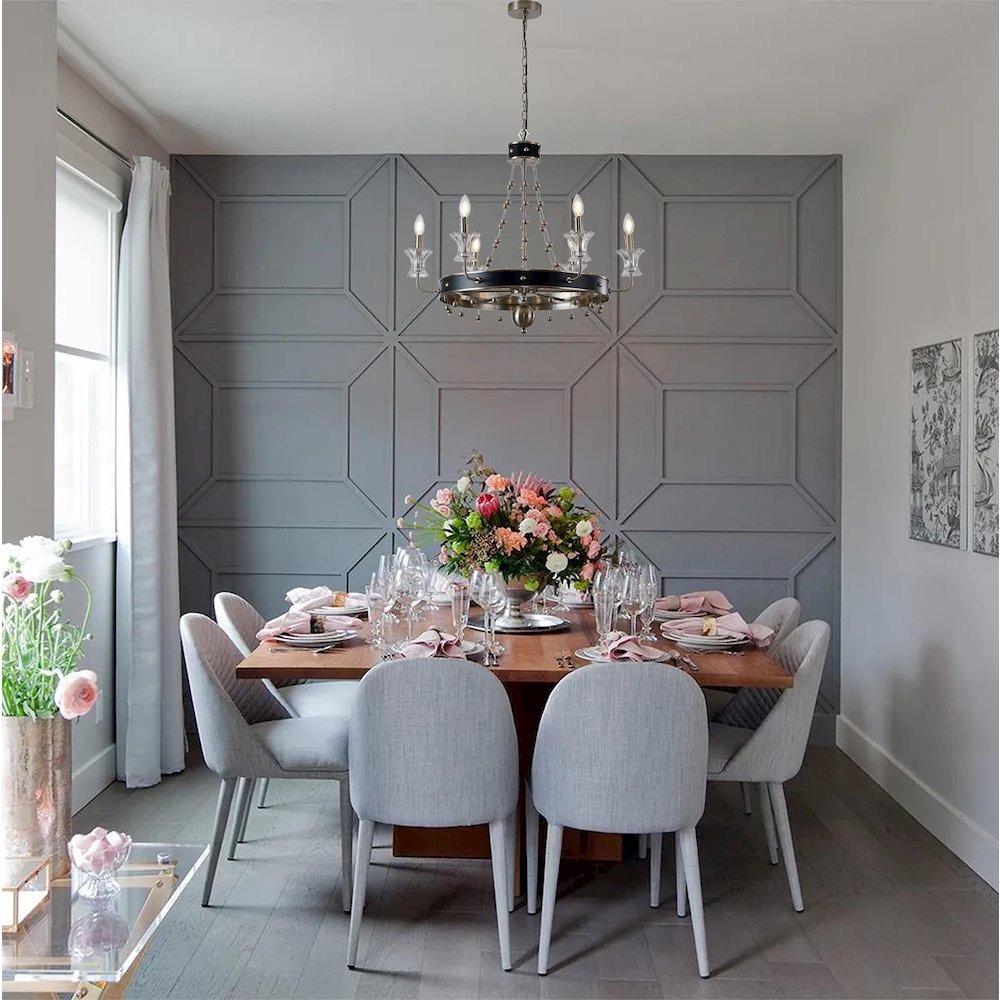 6-Light Satin Nickel And Black Chandelier With Clear Glass Accents