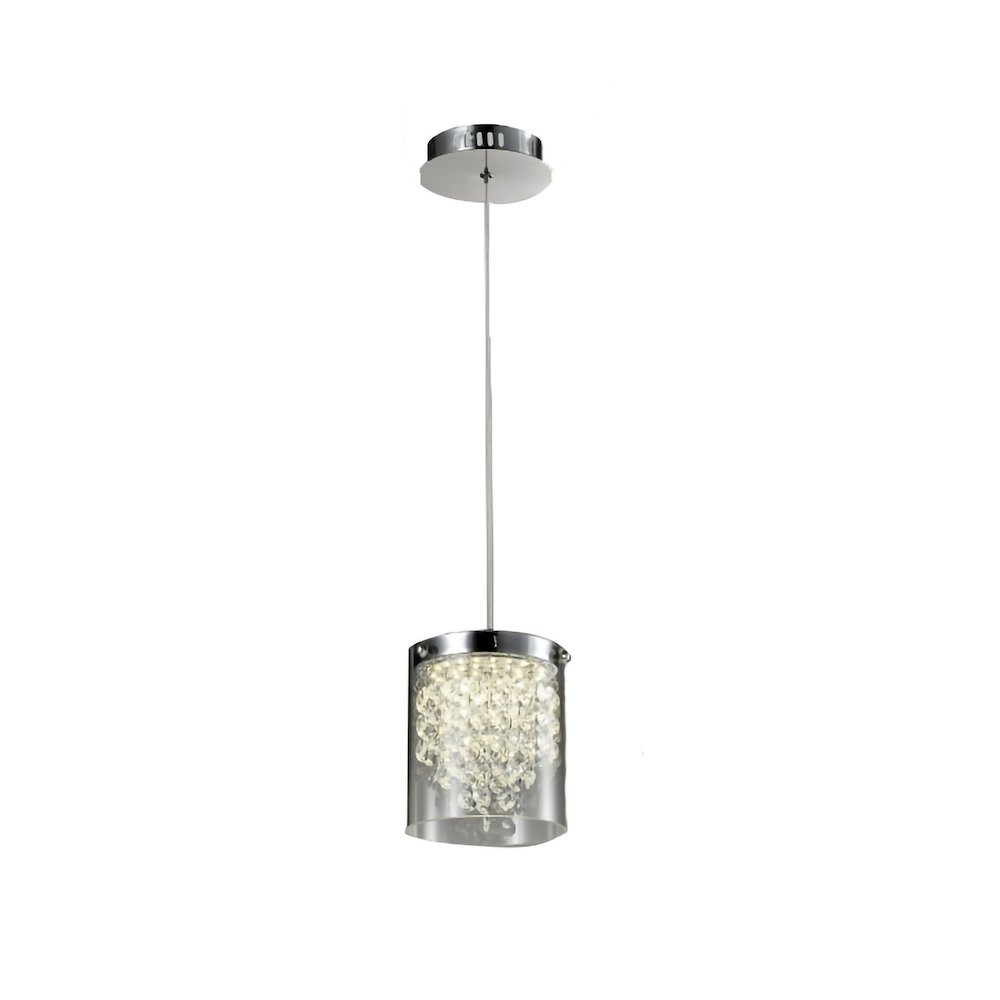1-Light Chrome LED Pendant With Clear Crystals And A Glass Shade