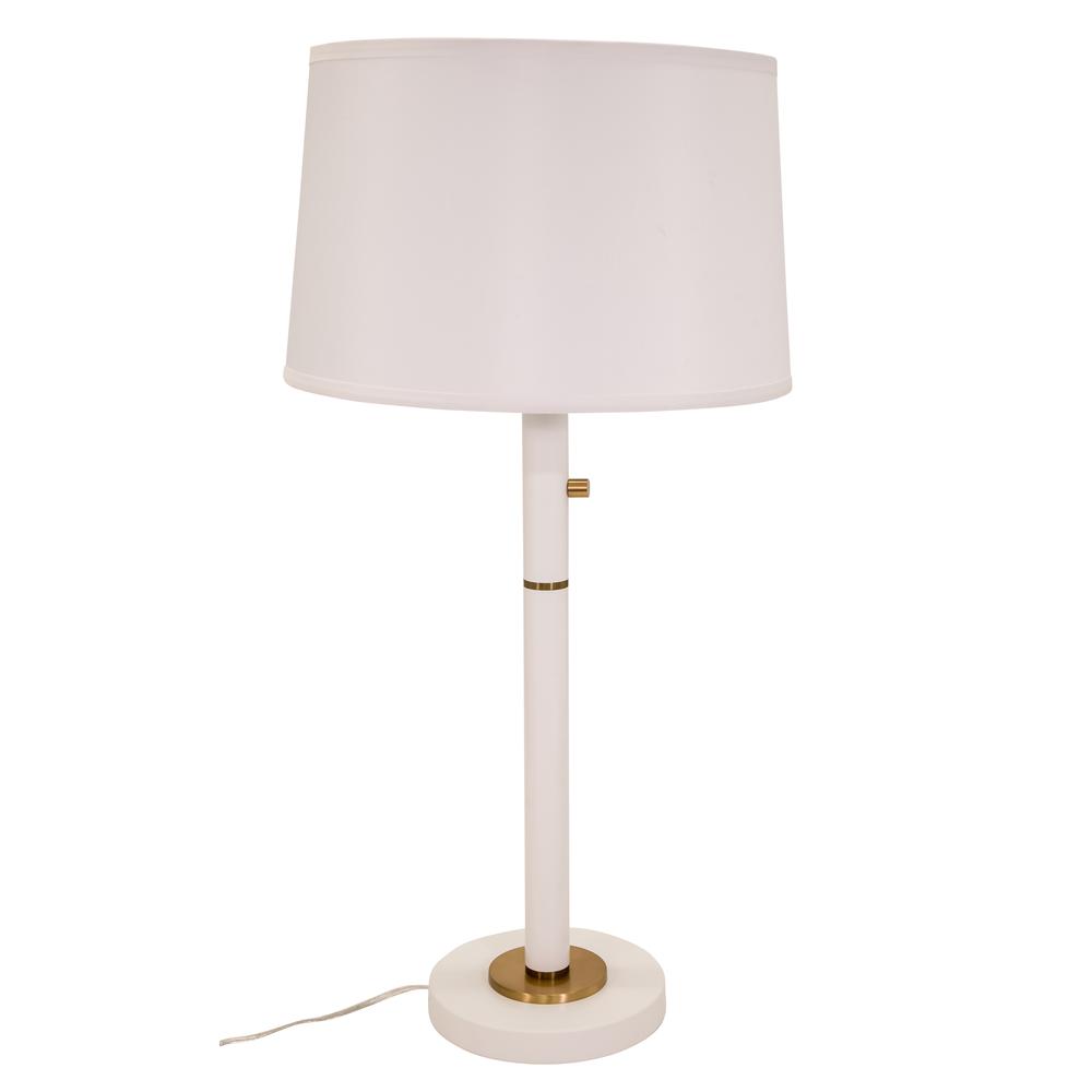 Rupert three way table lamp in white with weathered brass accents and USB port