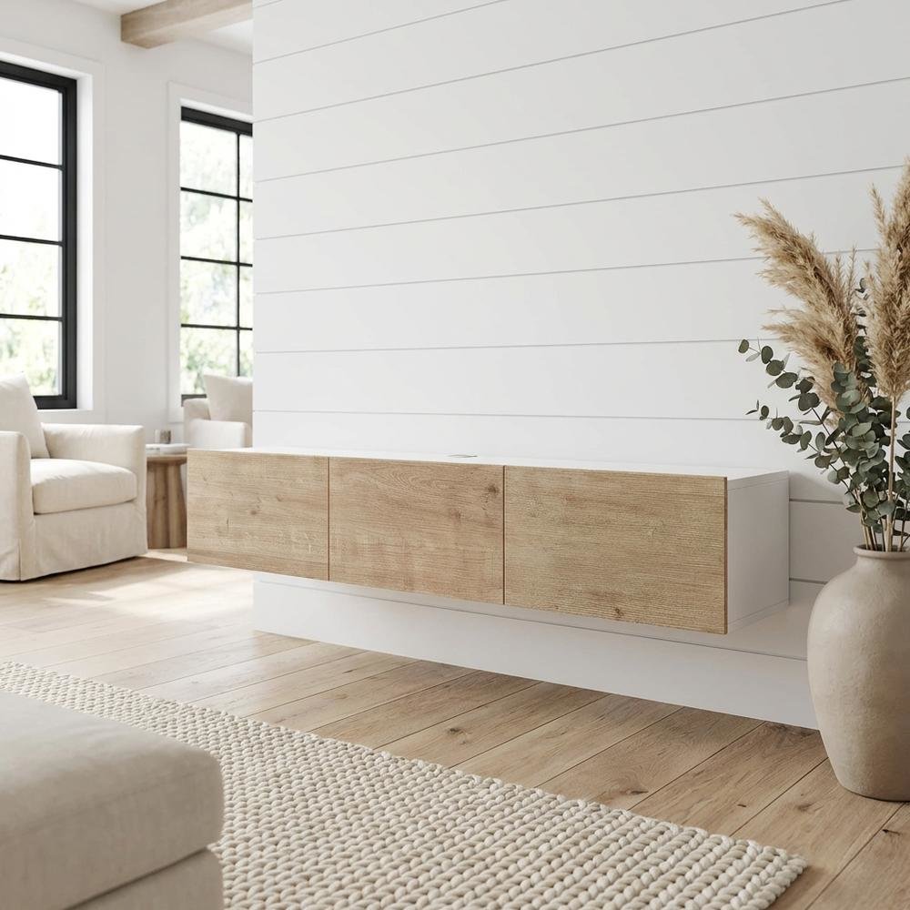 White floating TV stand, up to 75-inch screens, sturdy wood construction