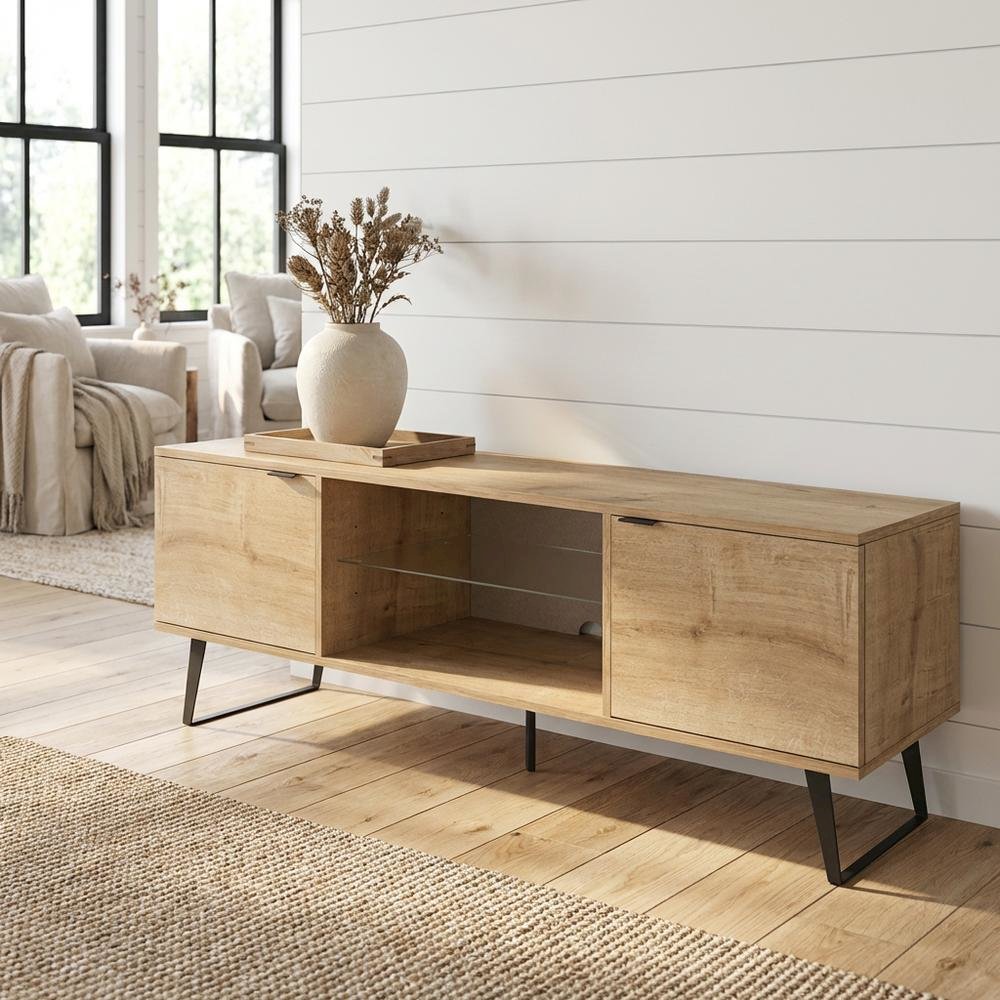 Mid Century Modern Oak Glass Shelf TV Stand with Wooden Frame