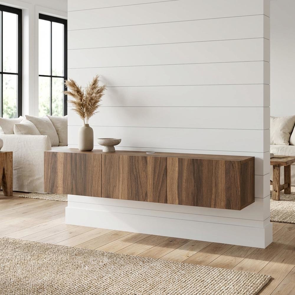 Brown floating TV stand with wall-mount design and modern appeal
