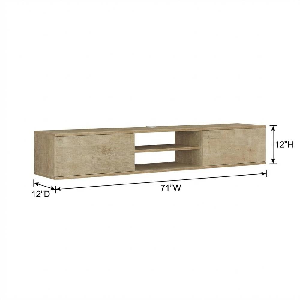 Brown floating TV stand with wall-mounted design and spacious storage