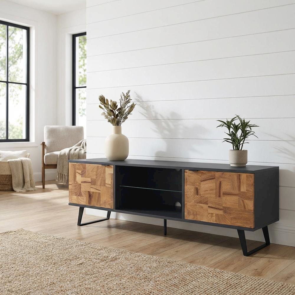 Brown Mid Century Modern TV Stand with Glass Shelf and Rubberwood Veneers