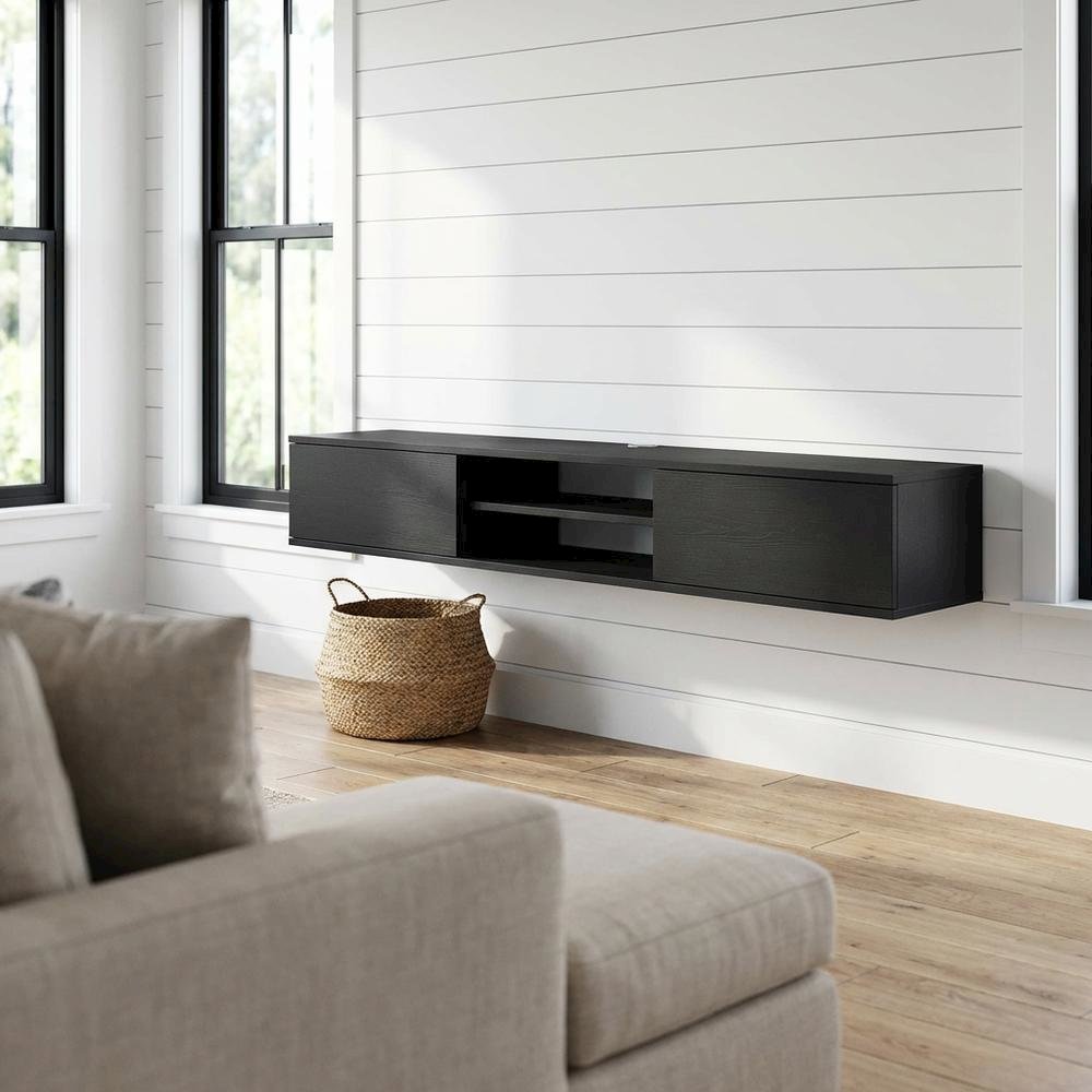 Gray Floating TV Stand with Wall Mounting and Spacious Storage