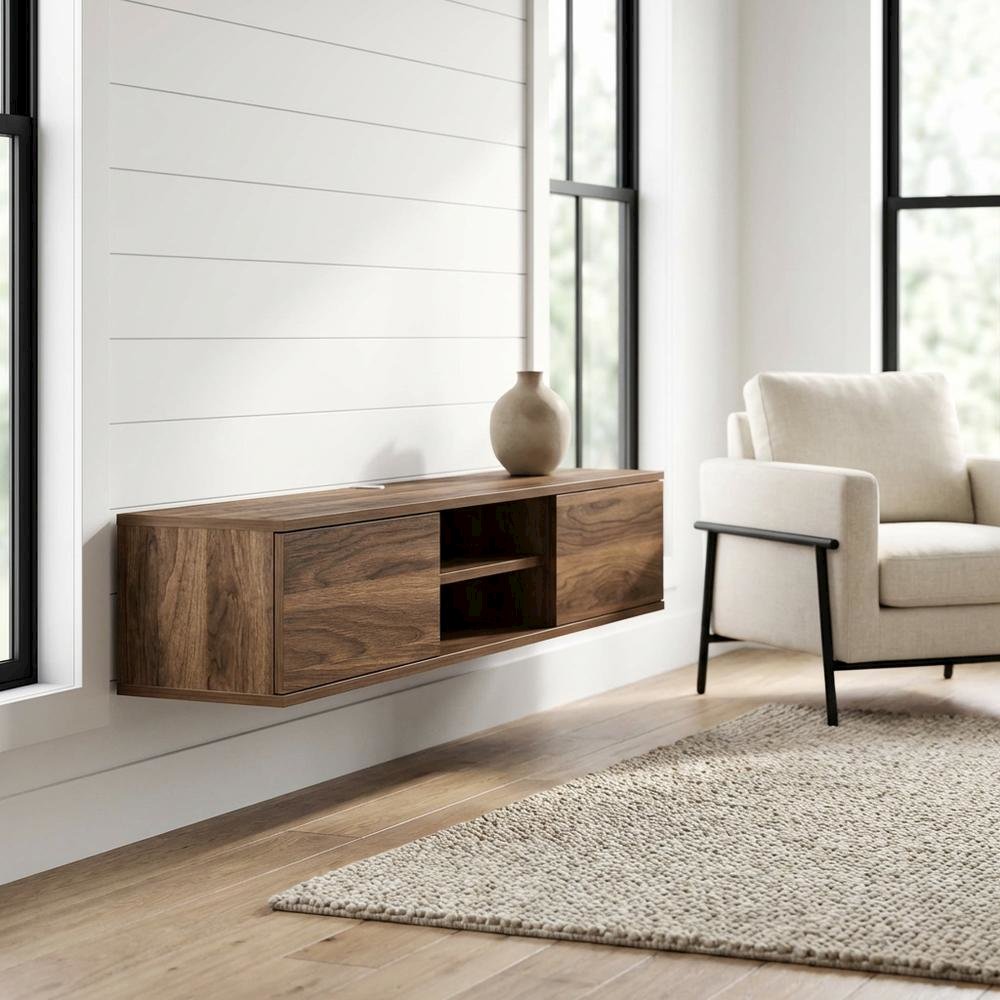 Brown Floating TV Stand with Wall Mount and Modern Storage Design
