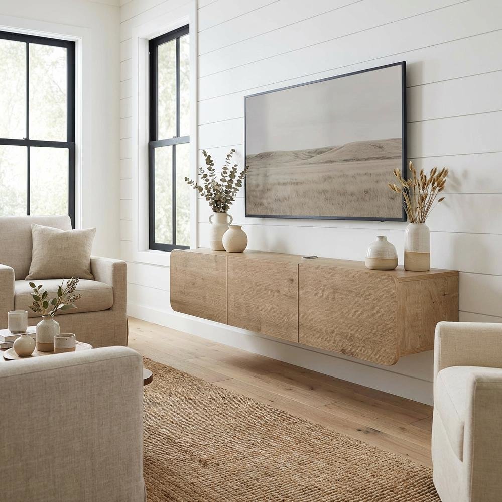 Modern Brown Floating TV Stand Wall Mounted for 80 Inch TVs with Wooden Veneers