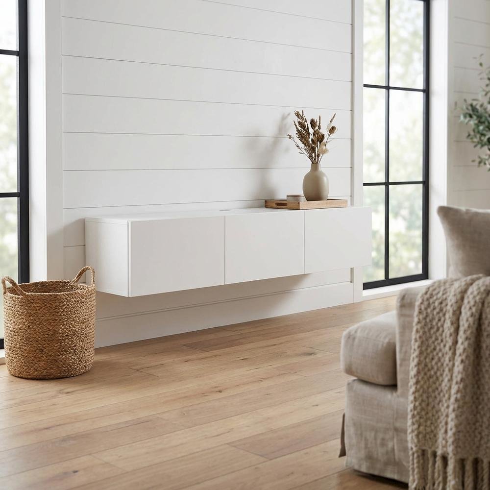 White Floating TV Stand for 75 Inch Screens with Solid Wood and Veneer Finish