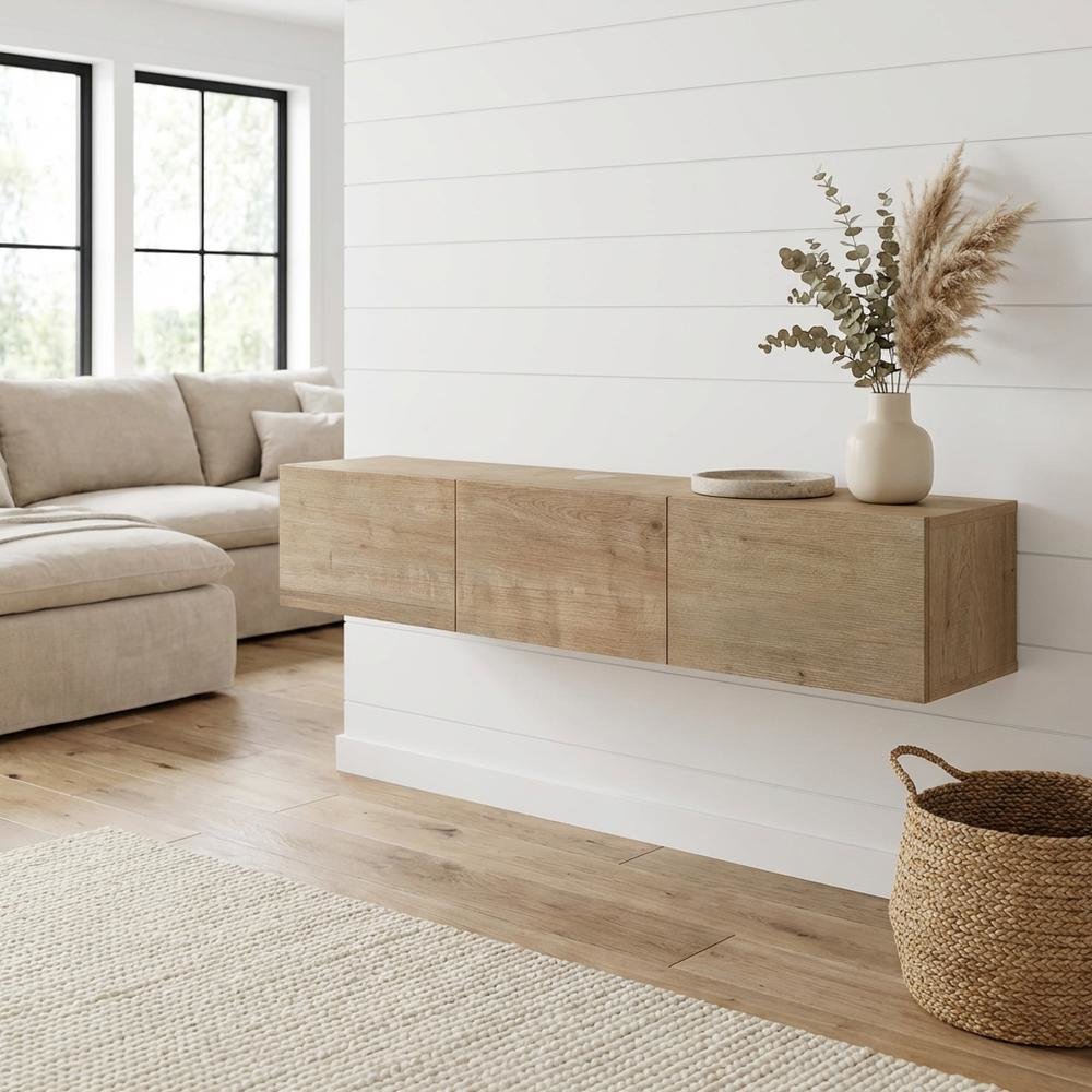 Brown floating TV stand, screens up to 75 inches, sturdy rubberwood