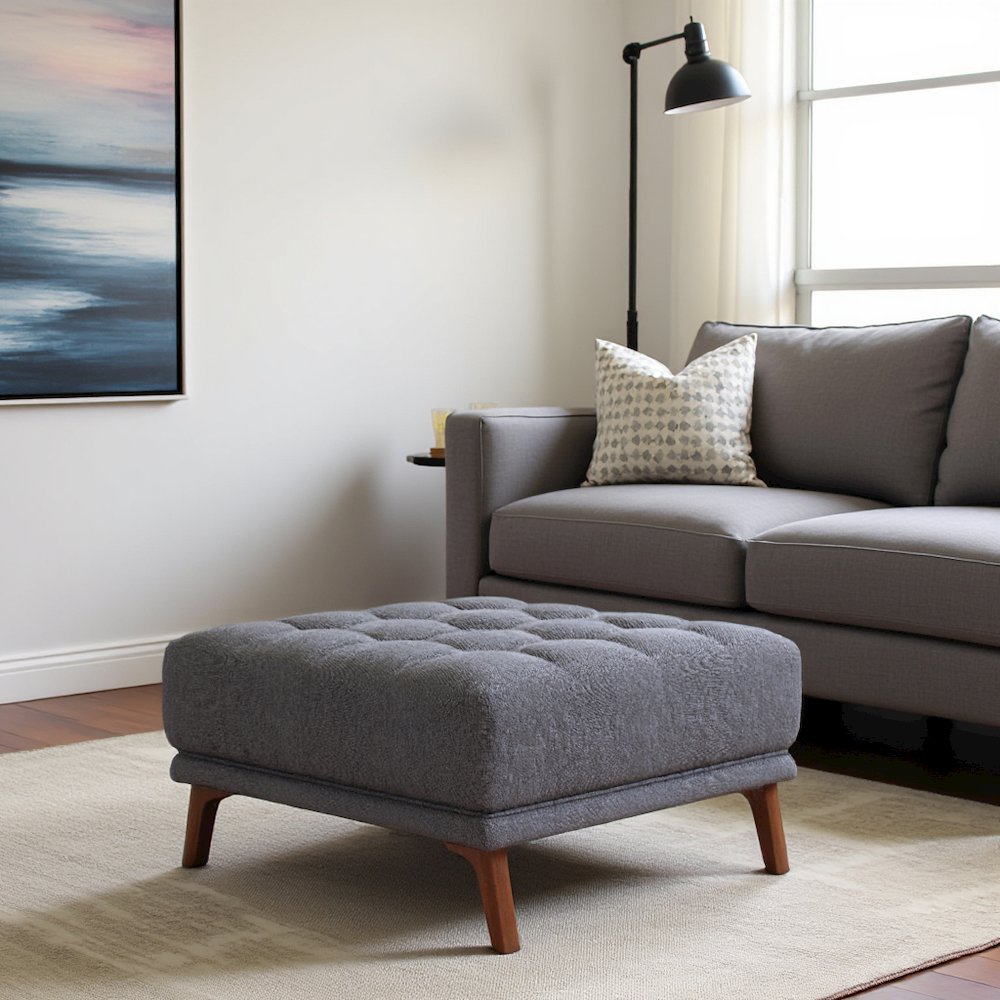 Gray Upholstered Square Ottoman with Foam and Solid Wood, Ideal Foot Rest