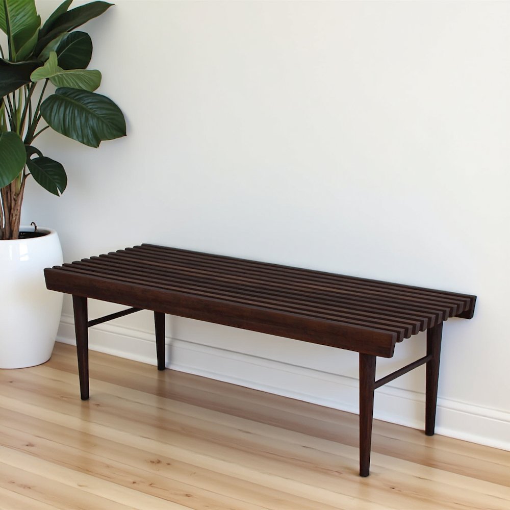 Brown Teak Wood Entryway Bench, Solid Wood Bedroom Bench for Dining Use
