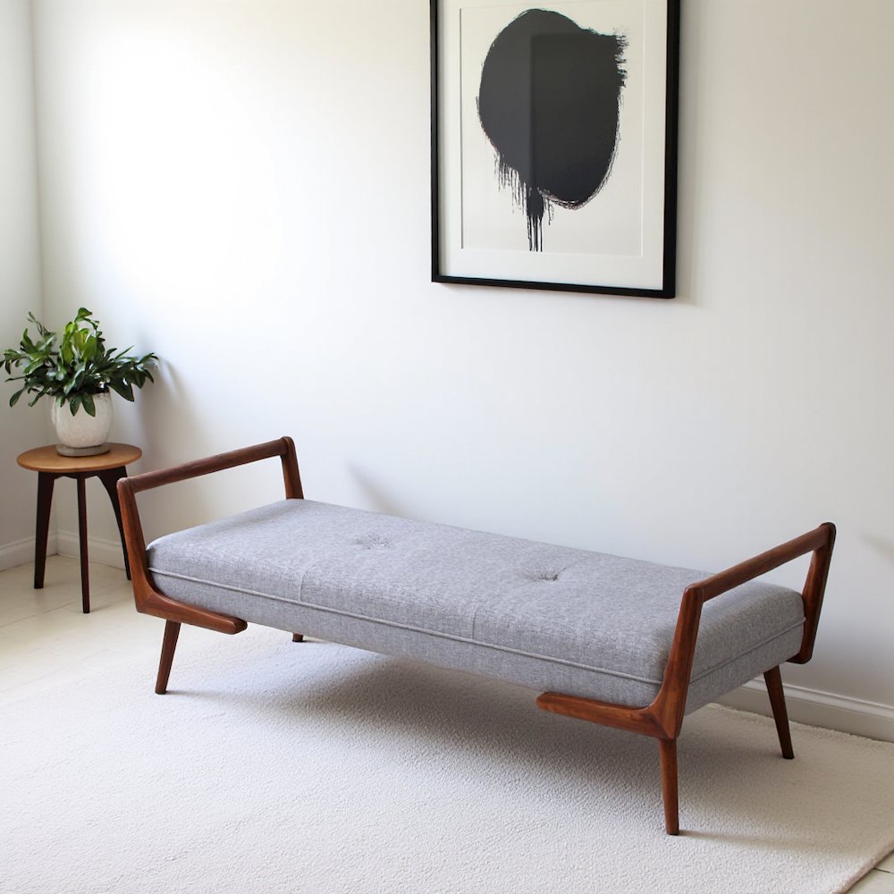 Gray Fabric Bench with Solid Wood Frame, Foam Cushions, Modern Entryway Bench