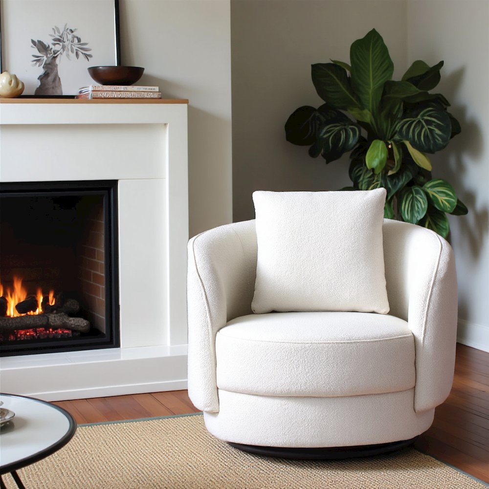 Beige Boucle Lounge Chair with Solid Wood Legs, Perfect Accent Chair