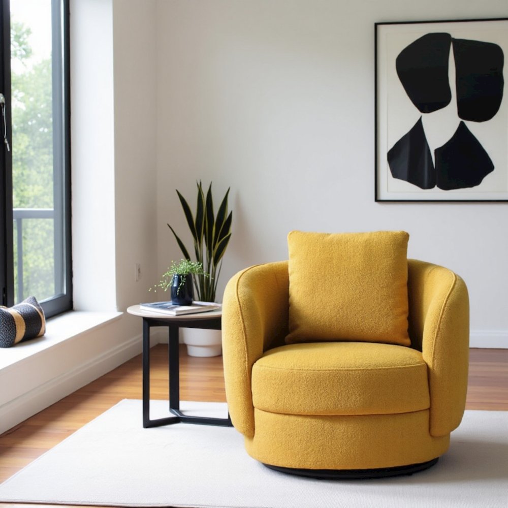 Yellow Boucle Lounge Chair with Solid Wood Frame, Ideal Accent Chair