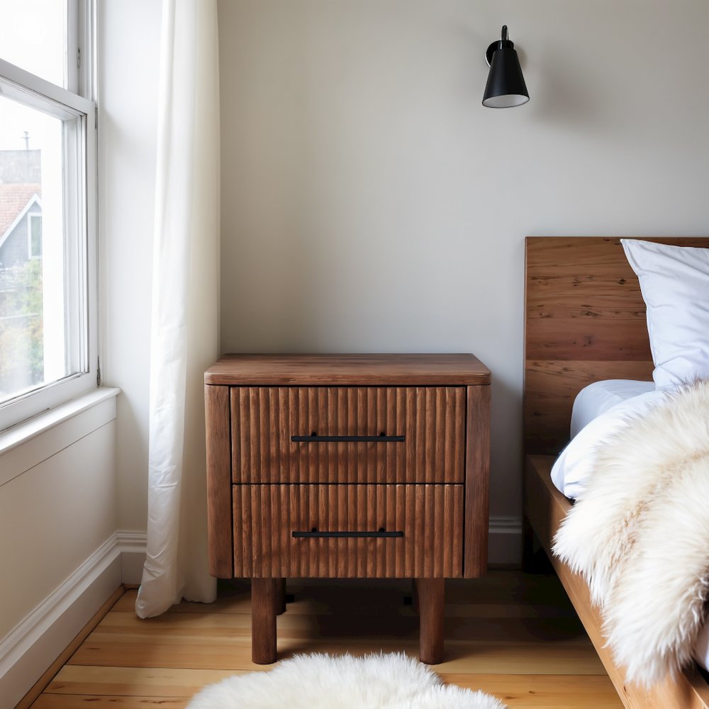 Brown Solid Wood Nightstand with 2 Drawers, Mid Century Modern Design