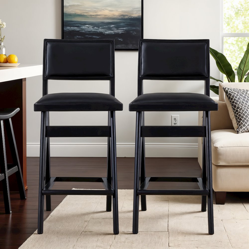 Black PU Leather Stool for Vanity, Set of 2, Small Vanity Seat for Desk