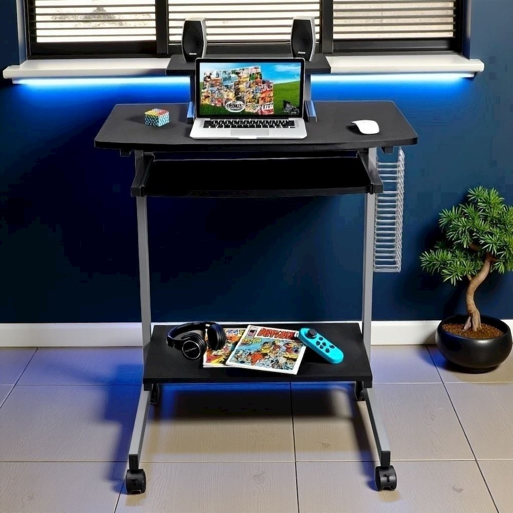 Gray Portable Computer Cart With Keyboard Shelf, Media Rack And Wheels