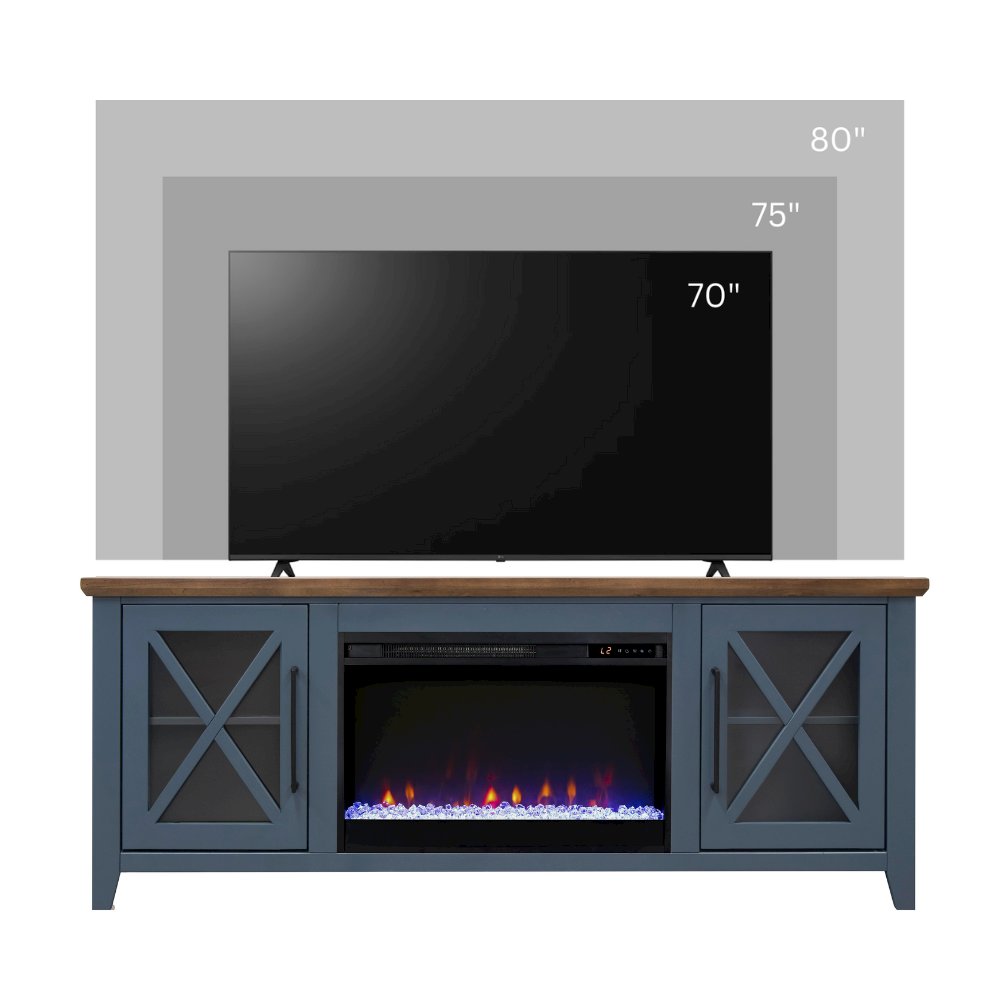 66 inch Fireplace TV Stand, For TVs up to 80 inches, Blue and Bourbon Finish