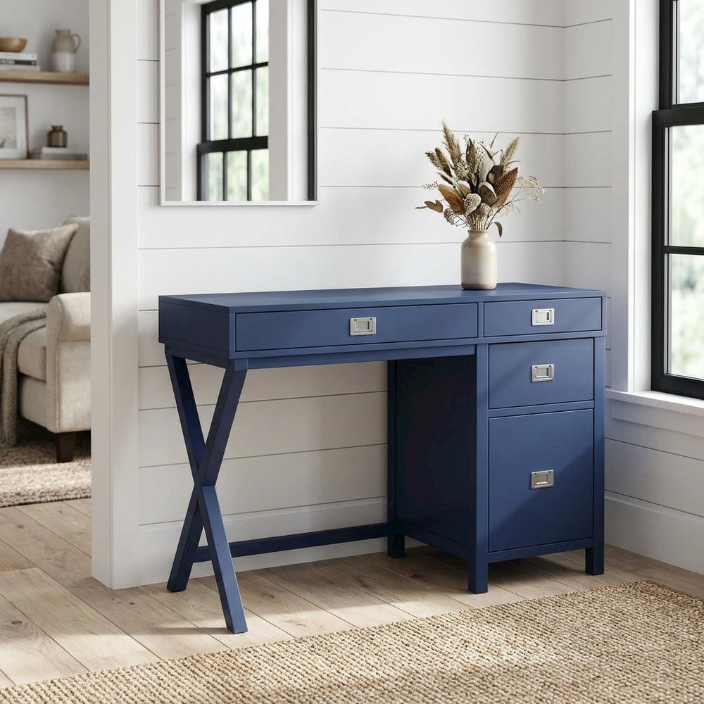 Navy Side Storage Desk with Mdf, Rubberwood, Metal Hardware for Office Use