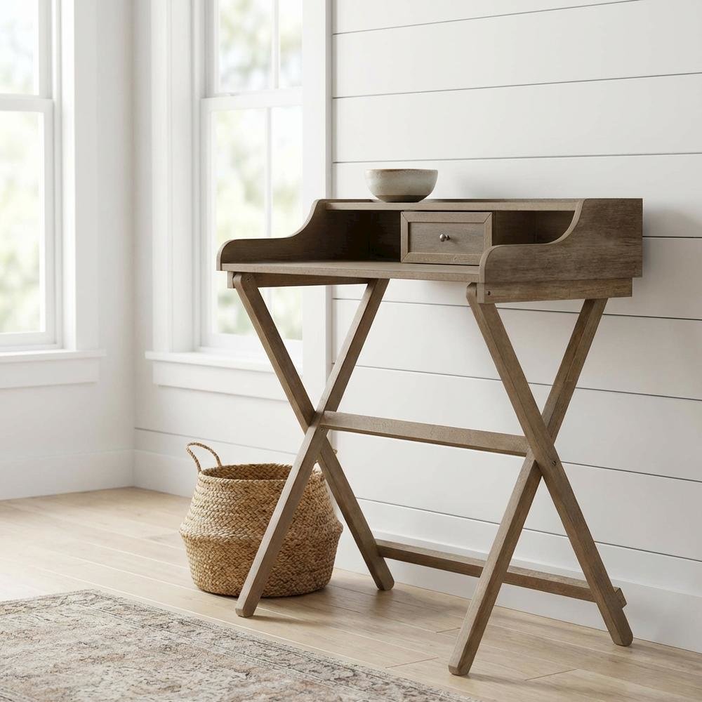 Rustic Brown Folding Office Desk With Solid Wood And Mdf Construction
