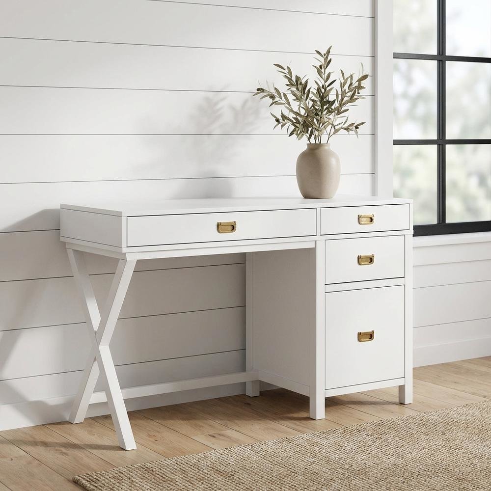 White side storage desk - metal hardware, durable MDF, rubberwood construction