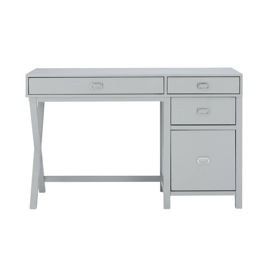 Gray wood and metal roll-top desk with storage compartments for home office use