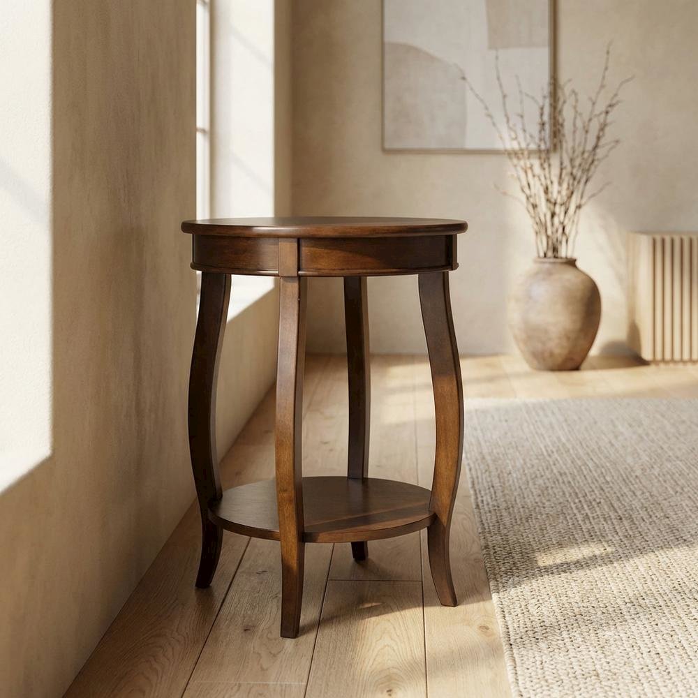 Hazelnut Round Accent Table with Shelf for Living Room or Bedroom