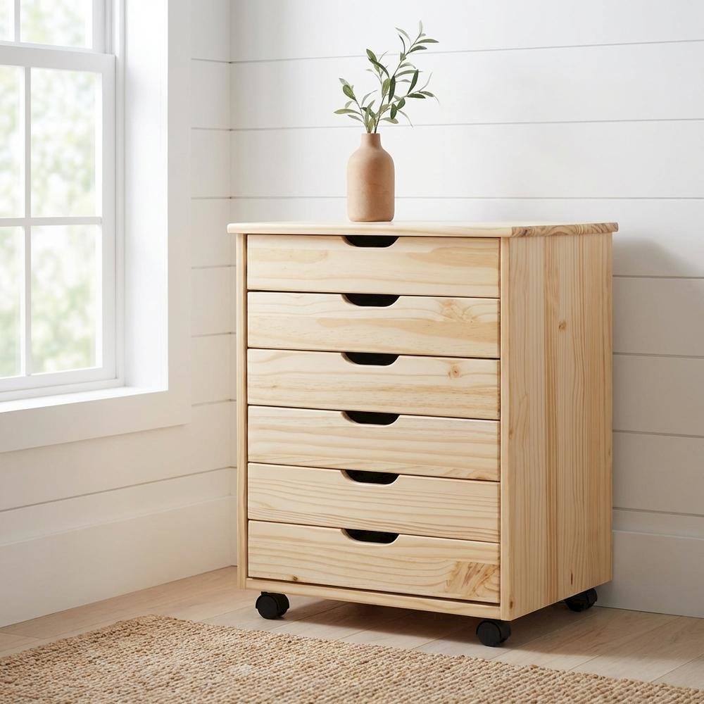 Natural wood dresser cart with six drawers and durable solid pine construction