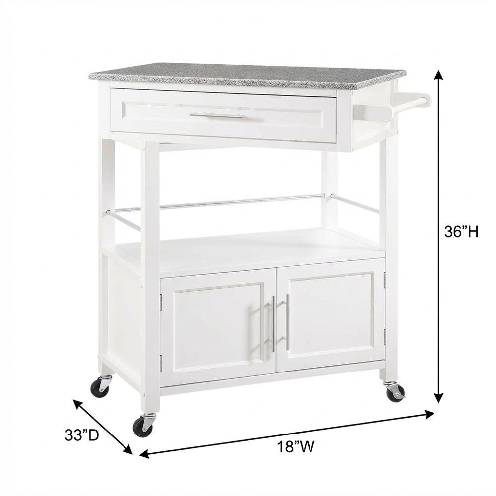 White Kitchen Cart with Granite Top and Timber Construction for Food Prep