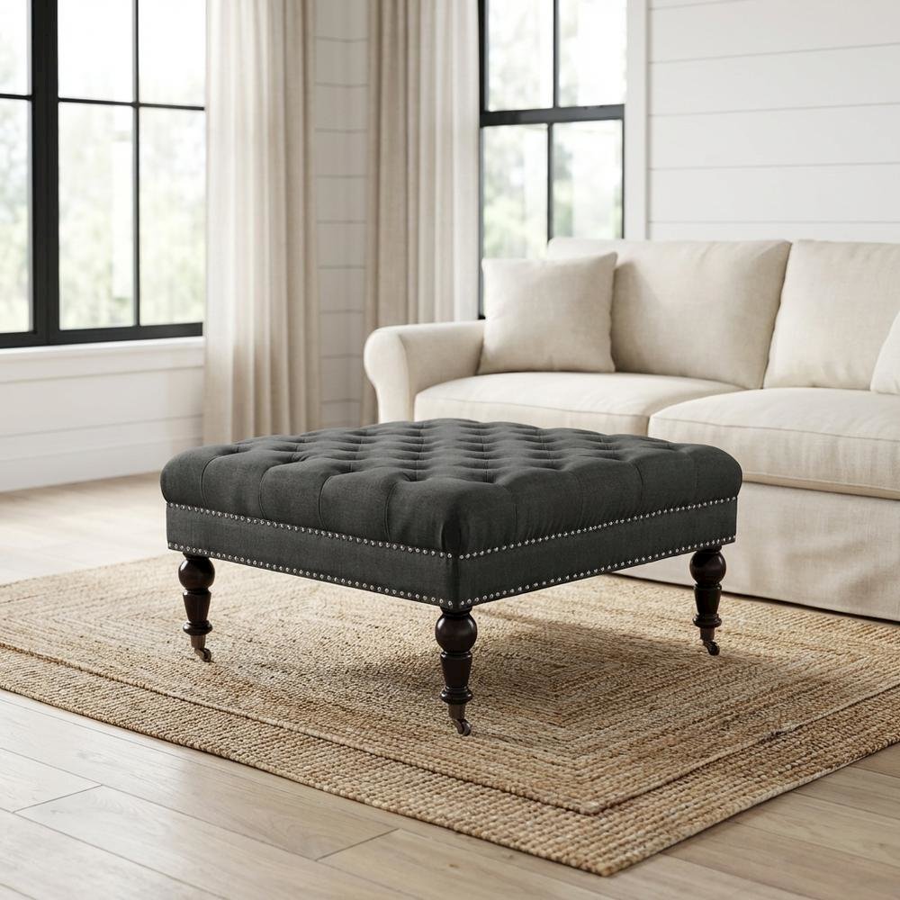 Charcoal Square Tufted Ottoman with Fabric Upholstery and Metal Casters