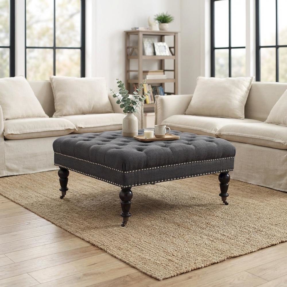 Charcoal Square Tufted Ottoman with Fabric Upholstery and Metal Casters