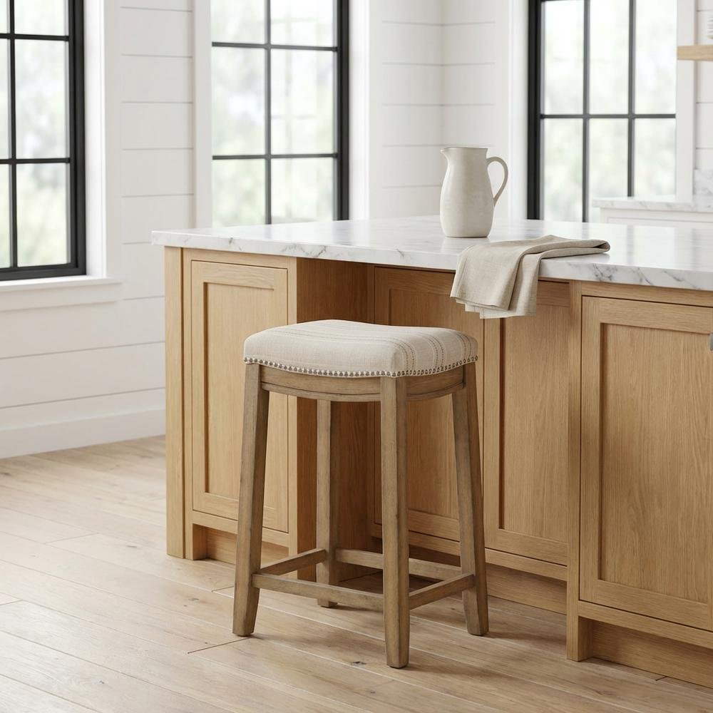 Rustic Stripe Counter Stool with Linen Weave Fabric and Metal Nail Heads
